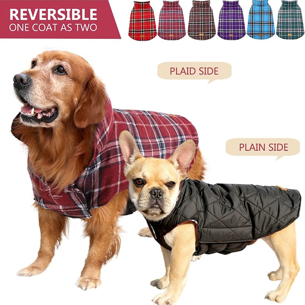 Kuoser Cozy Waterproof Windproof Reversible British Style Plaid Dog Vest Small